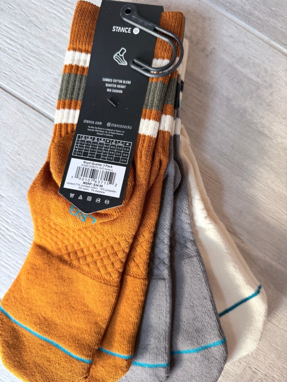 Stance Men’s Casual 3-Pack Ankle Socks - White, Gray, Rust - Picture 2 of 4